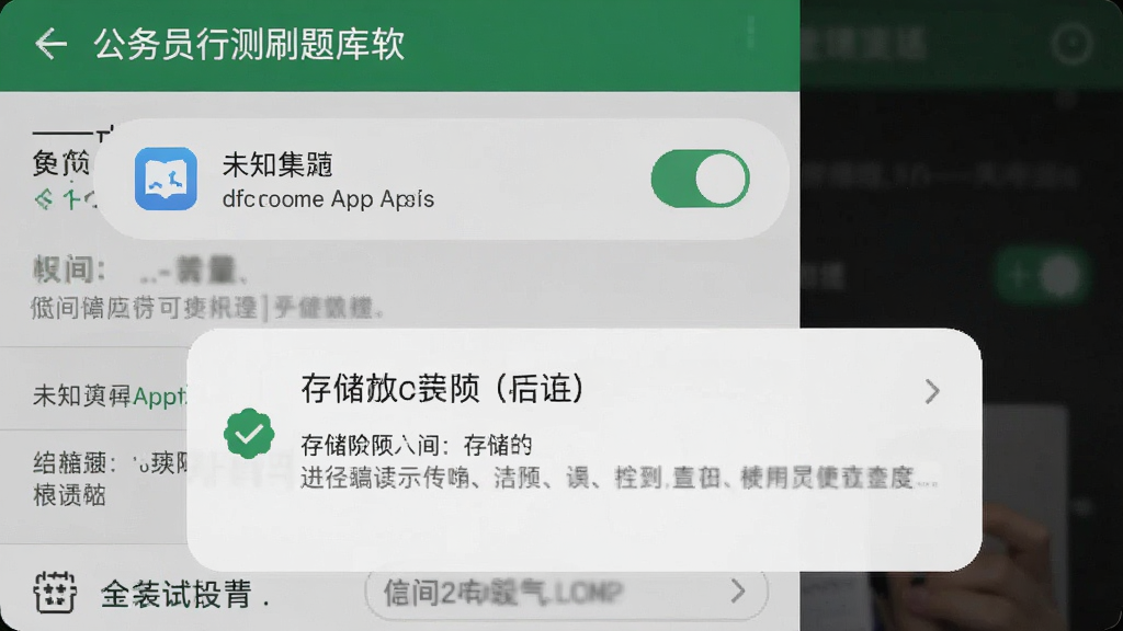 公务员行测刷题库软件在手机上的安装权限设置界面截图,画面展示手机设置中的未知来源应用开关和存储权限授权弹窗,背景为系统设置界面,风格写实,细节清晰,画质高清,干净无多余元素