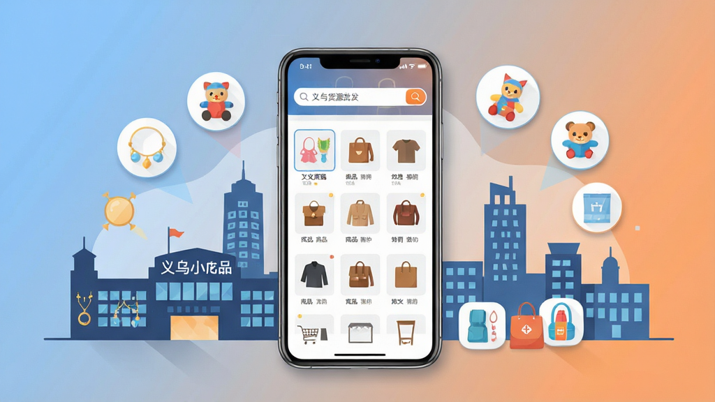 一张展示义乌货源批发软件主界面的场景图,画面中央放置一部智能手机,屏幕显示商品分类网格与搜索栏,手机周围环绕义乌小商品城建筑剪影和各类商品图标如饰品、玩具、日用百货,布局采用居中构图,排版简洁明快,风格为扁平化科技插画,细节包含柔和的蓝橙渐变背景与轻微阴影,画质清晰干净无多余元素,图片中文字标注“义乌货源批发”