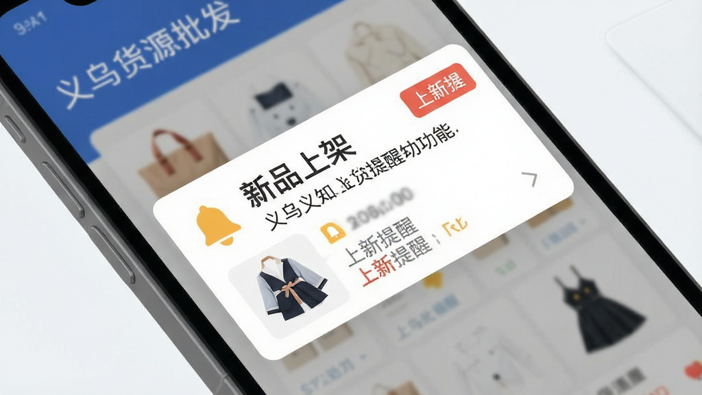 一张展示义乌货源批发软件消息通知与上新提醒功能的场景图,画面主体为手机屏幕弹出新品上架通知卡片,布局采用对角线构图,排版突出通知内容与商品小图,风格为清爽扁平风,细节包含铃铛图标、新品标签和“上新提醒”文字,画质干净无多余元素,图片中文字标注“义乌货源批发”