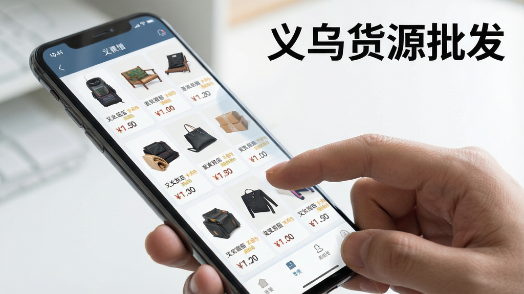 一张展示义乌货源批发软件在手机上运行流畅的场景图,画面主体为手持手机展示商品列表滑动效果,布局采用侧面视角,排版突出手机屏幕与手指操作动作,风格为写实科技风,细节包含清晰的商品缩略图、价格标签和流畅的界面过渡,画质干净无多余元素,图片中文字标注“义乌货源批发”