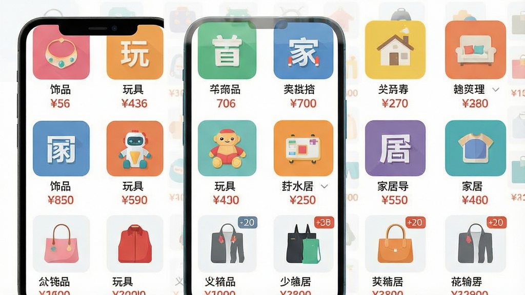 一张展示义乌货源批发软件商品分类页面的场景图,画面主体为手机屏幕显示多个彩色分类图标和商品缩略图,布局采用三分法构图,排版清晰有序,风格为现代扁平插画,细节包含分类标签文字如“饰品”“玩具”“家居”和价格标签,画质干净无多余元素,图片中文字标注“义乌货源批发”