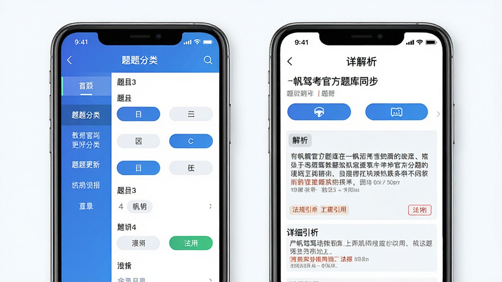 一帆驾考官方题库同步更新功能展示图,主体为手机屏幕内显示驾考题库列表与详细解析页面,布局左侧为题目分类导航右侧为题目内容与解析,排版上下结构清晰,风格为教育类应用清爽界面,细节包含题目编号、选项按钮、解析文字框、法规引用标注,画质高清干净无多余元素
