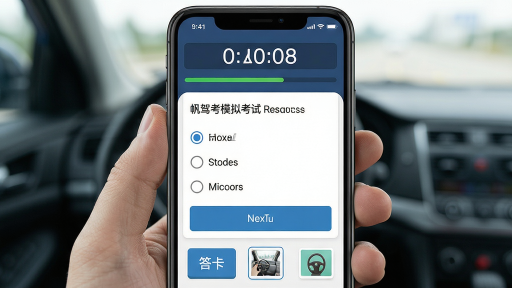 一帆驾考模拟考试界面展示图,主体为手机屏幕显示驾考模拟考试进行中页面,布局顶部为倒计时与进度条中部为题目与选项底部为答题卡按钮,排版规整,风格为考试系统严肃简洁风,细节包含计时器数字、单选按钮、下一题按钮、答题卡缩略图,画质高清干净无多余元素