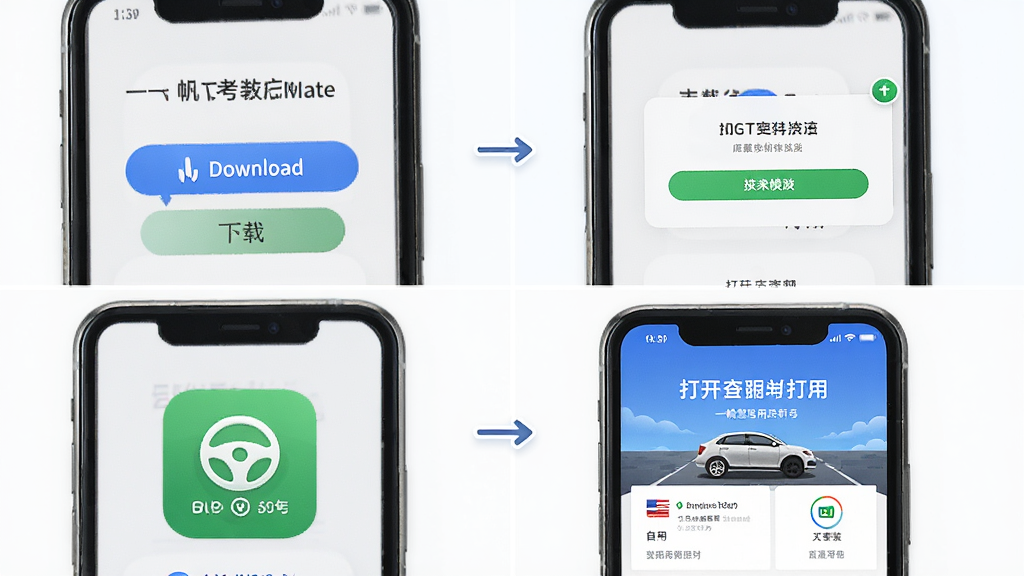 一帆驾考新手安装使用流程图,主体为手机屏幕展示从下载到安装再到打开应用的连续步骤,布局为四格分镜排列,排版从左到右从上到下,风格为教程类图文说明,细节包含下载按钮、安装权限弹窗、应用图标、首页界面,画质高清干净无多余元素