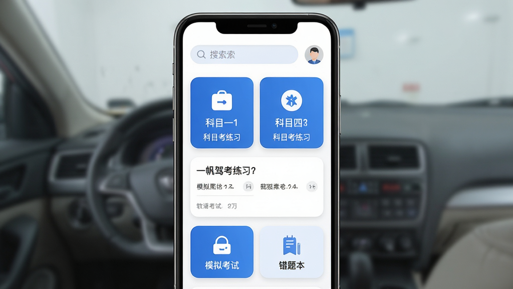 一帆驾考软件主界面预览图,主体为一部智能手机竖屏展示驾考刷题应用首页,布局上方为搜索栏与用户头像,中部为科目一科目四练习入口卡片,下方为模拟考试与错题本快捷按钮,排版整齐清晰,风格为现代简约扁平化设计,细节包含蓝色主色调、白色背景、圆角图标、题目卡片式布局,画质高清干净无多余元素