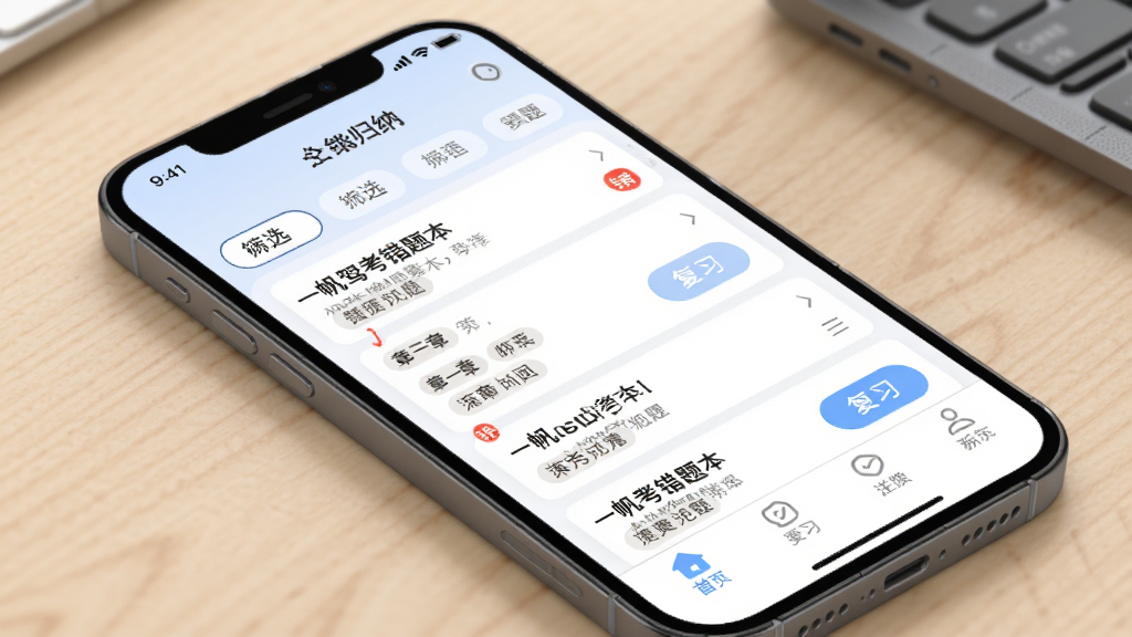 一帆驾考错题本功能展示图,主体为手机屏幕内显示错题归纳页面,布局上方为筛选标签中部为错题列表下方为底部导航栏,排版清晰,风格为学习工具类应用柔和配色,细节包含红色错误标记、题目标题、章节标签、复习按钮,画质高清干净无多余元素