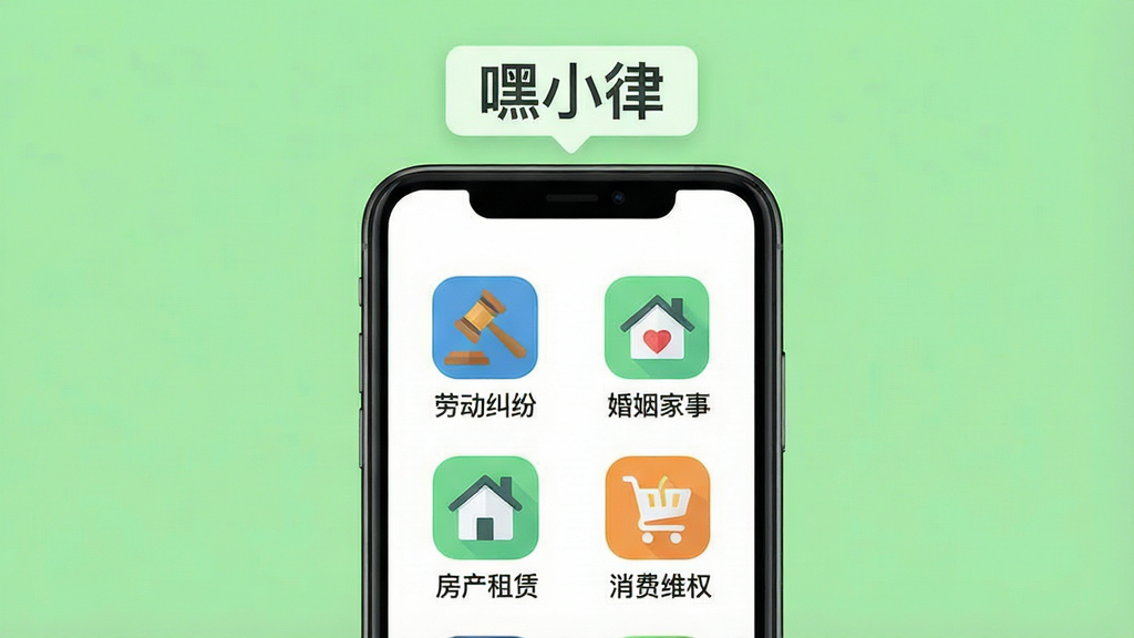 一张法律场景分类展示图,画面中央是手机屏幕,屏幕内以网格形式排列“劳动纠纷”“婚姻家事”“房产租赁”“消费维权”等图标,每个图标配有简短文字标签,手机上方悬浮“嘿小律”应用名称。背景为清新浅绿色,布局整齐,风格扁平化,细节清晰,画质干净,无多余元素。
