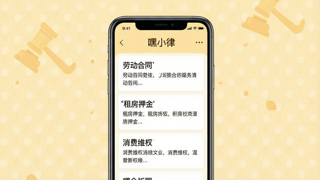 一张法律知识科普界面图,画面中央是一部手机,屏幕显示“嘿小律”科普文章列表,文章标题包含“劳动合同”“租房押金”“消费维权”等关键词,页面排版清晰。背景为淡黄色暖色调,布局居中,风格温馨简洁,细节干净,画质高清,无多余元素。