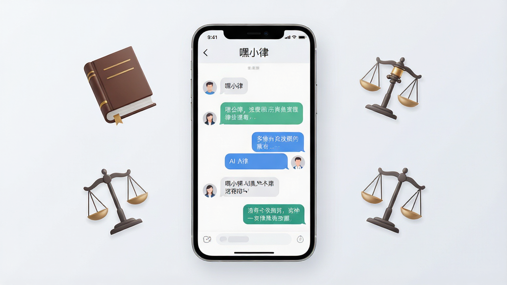 一张AI法律问答场景图,画面中央是一部手机,屏幕显示“嘿小律”对话界面,用户输入文字气泡与AI回复气泡交替排列,旁边漂浮着法律书籍和天平图标。背景为柔和浅灰白色,布局左右对称,风格商务简洁,细节干净,画质高清,无多余装饰元素。