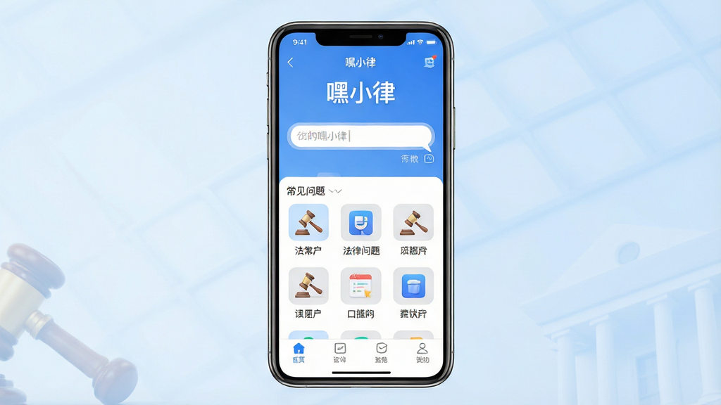 一张手机应用界面展示图,画面中央是一部竖屏智能手机,手机屏幕内展示法律咨询类App首页,页面顶部有应用名称“嘿小律”字样,中部为对话输入框和常见法律问题分类图标,底部为导航栏。背景为干净的浅蓝色渐变,整体布局居中,风格简洁现代,细节清晰,画质高清,画面干净无多余元素。