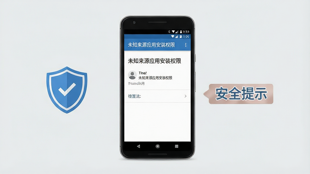 一张手机安全设置界面示意图,画面中央是一部安卓手机,屏幕显示“未知来源应用安装权限”设置页面,旁边有盾牌图标和“安全提示”文字标签。背景为浅灰色,布局简洁,风格商务,细节清晰,画质高清,画面干净无多余元素。
