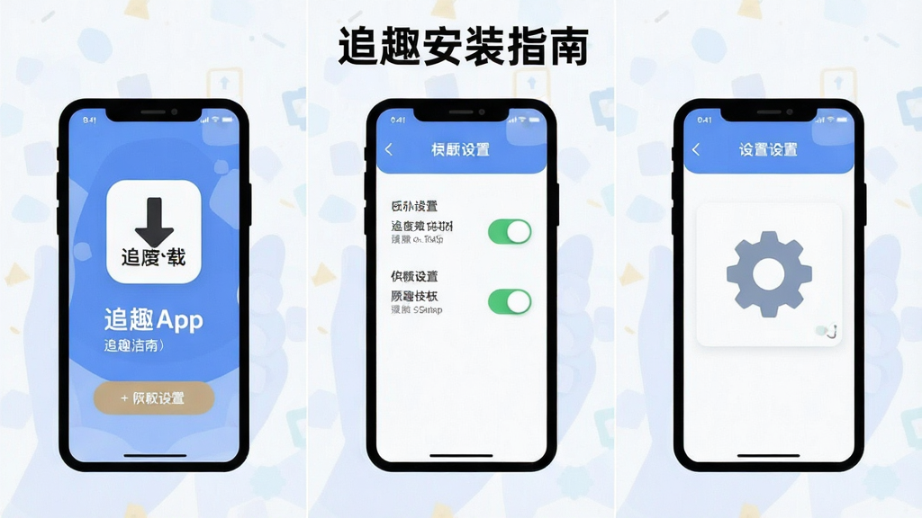 画面展示追趣APP在手机上的安装与设置流程,主体为手机屏幕分步示意图,布局为横向三格分镜,风格为简洁明快的扁平化教程插画,细节包含下载箭头、权限开关与设置齿轮,画质清晰,画面干净,图片中文字标注“追趣安装指南”