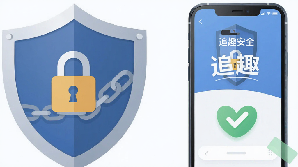 画面以盾牌与手机为核心元素,主体为追趣APP的安全防护界面,布局为居中对称,风格为稳重可靠的扁平化设计,细节包含锁形图标、加密锁链与绿色对勾,画质清晰,画面干净,图片中文字标注“追趣安全”