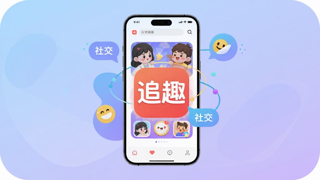 画面中央是追趣APP的图标与手机界面展示,主体为一部现代智能手机,屏幕上显示追趣的社交互动与趣味游戏界面,布局采用居中构图,背景为柔和的蓝紫渐变色调,风格为扁平化科技感插画,细节包含动态气泡、笑脸图标与连接线条,画质高清,画面干净,无多余元素,图片中文字标注“追趣”