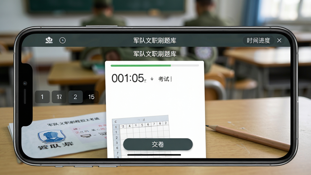 军队文职刷题库模拟考试界面图,画面为手机横屏展示,屏幕内呈现模拟考试答题页面,顶部有倒计时器和考试进度,底部有答题卡和交卷按钮,屏幕上方显示“军队文职刷题库”软件名称,背景为考场场景虚化,桌面上有准考证和铅笔,布局横向展开,风格严肃正式,细节包括题号导航和时间显示,画质清晰,干净,无多余元素