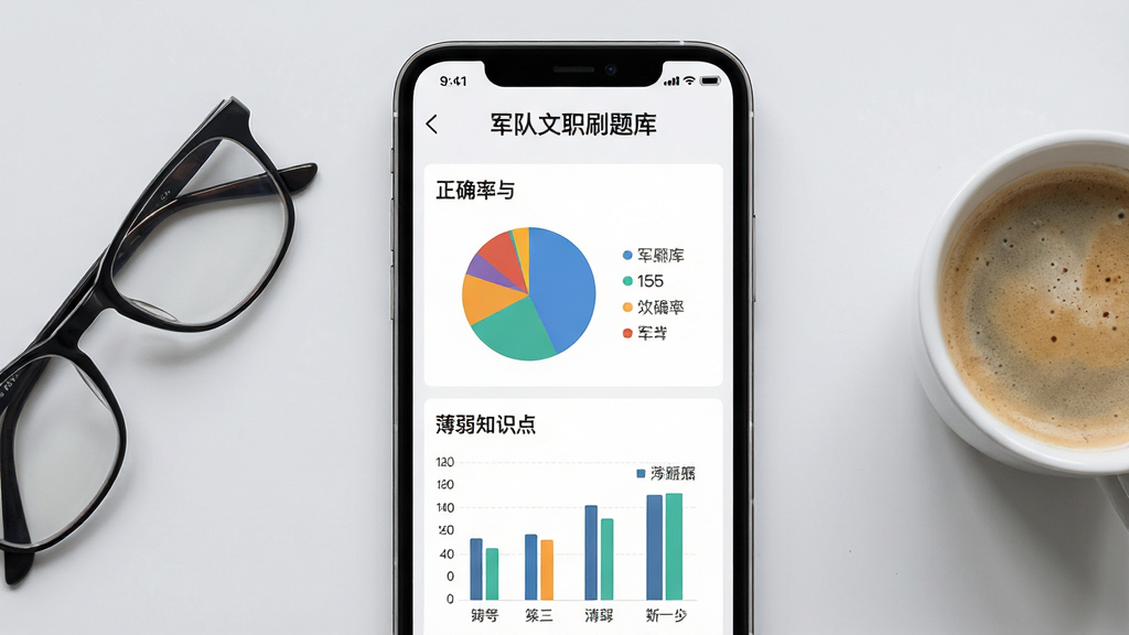 军队文职刷题库错题分析功能界面图,画面中央为手机屏幕,屏幕内展示错题本页面和数据分析图表,包括饼状图和柱状图显示正确率与薄弱知识点,手机屏幕上方有“军队文职刷题库”字样,背景为淡灰色,手机旁边放置一副眼镜和一杯咖啡,布局简洁,风格商务简约,细节包括图表颜色区分和数据标签,画质高清,干净,无多余元素