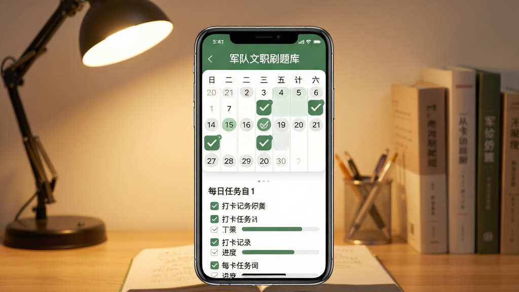军队文职刷题库学习计划界面图,画面为手机竖屏,屏幕内显示日历式学习计划表和每日任务列表,包括打卡记录和进度条,手机屏幕上方有“军队文职刷题库”标识,背景为书桌场景,桌上有台灯和书籍,布局居中,风格温馨励志,细节包括勾选图标和日期标记,画质高清,干净,无多余元素