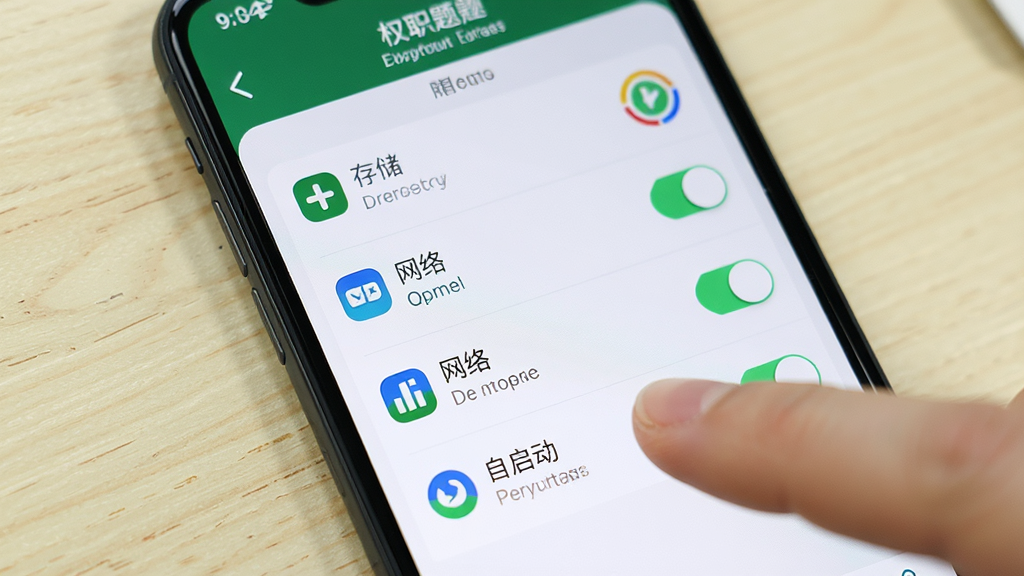 军队文职刷题库手机设置权限界面图,画面为手机屏幕特写,屏幕内显示应用权限管理页面,包括存储、网络、自启动等开关选项,手机旁有手指点击屏幕的动作,背景为浅色桌面,布局清晰,风格实用教程风,细节包括权限图标和文字说明,画质高清,干净,无多余元素