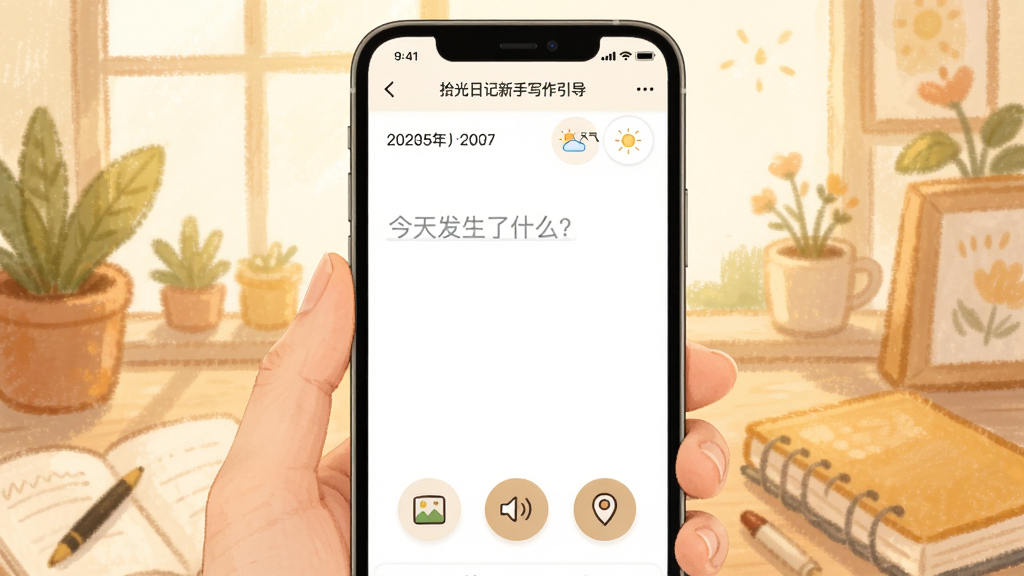 拾光日记新手写作引导界面,手机屏幕显示一篇空白日记编辑页,顶部有日期和天气选择,正文区有浅灰色提示文字「今天发生了什么?」,下方有图片、语音、位置三个圆形按钮,背景为温暖的手绘插画风格,整体氛围轻松友好,画质干净清晰