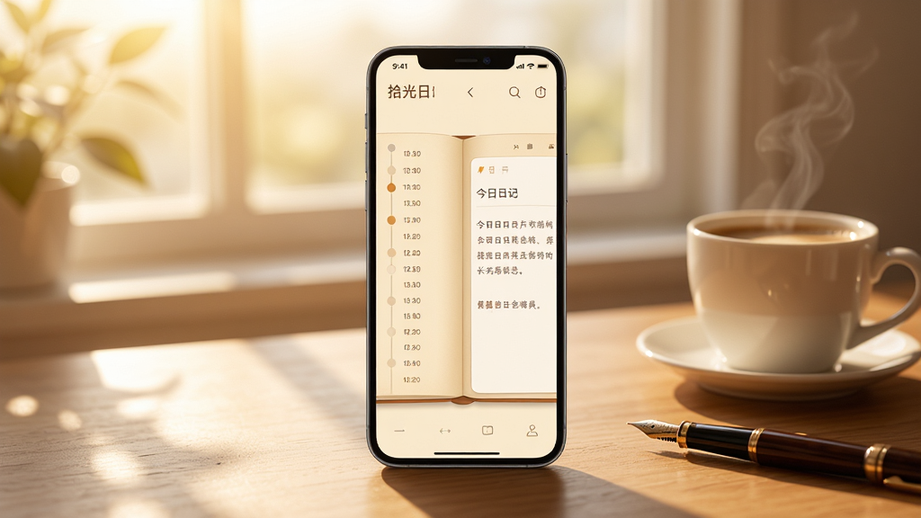 拾光日记应用主界面全景展示,一部智能手机竖屏居中放置,屏幕内呈现温暖的米黄色日记本翻页效果,左侧是日期时间轴列表,右侧是展开的今日日记编辑区,背景为柔和的晨光透过窗户洒在木质桌面上,旁边有一杯热咖啡和一支钢笔,整体风格温馨治愈,画面干净无多余元素,高清画质,适合软件下载站展示