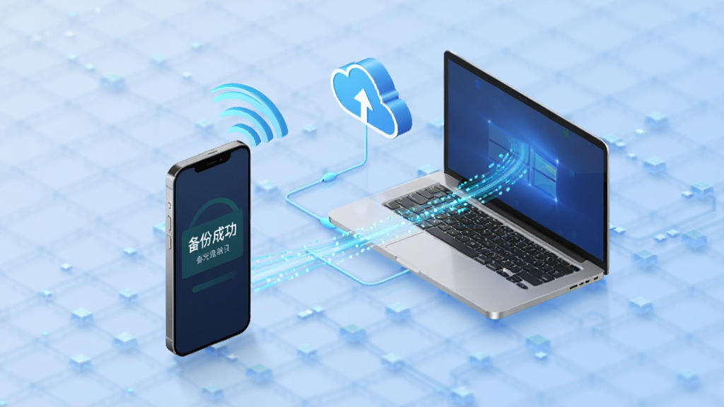 拾光日记数据备份与同步示意图,画面中央是一部手机通过无线信号连接笔记本电脑和云端图标,数据流以发光线条表示,手机屏幕显示「备份成功」提示,背景为浅蓝色科技感网格,整体风格简洁专业,画质高清,无杂乱元素