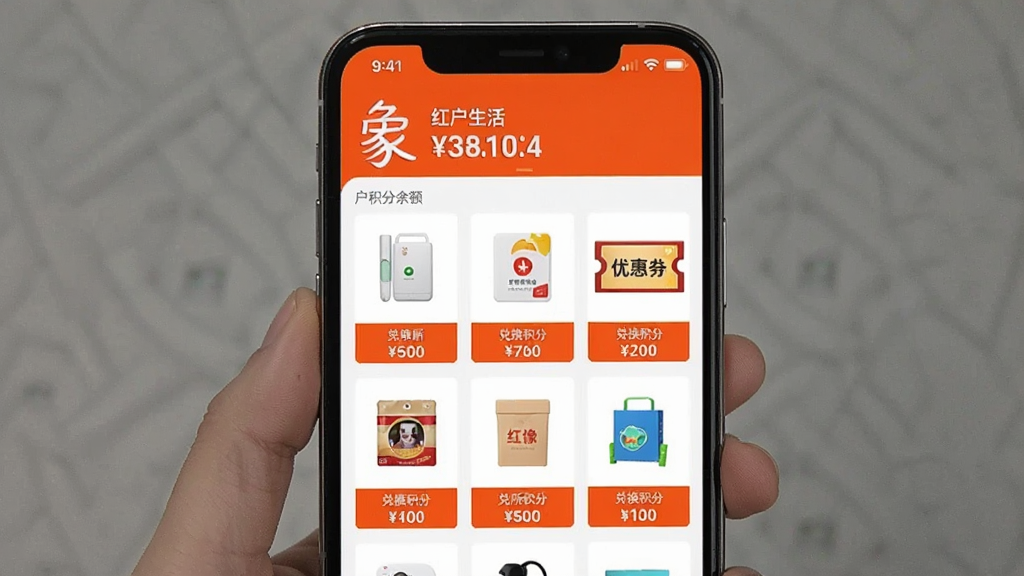 一张红象生活APP积分商城的界面截图,画面展示手机屏幕内积分兑换页面,顶部显示用户当前积分余额,下方是商品网格,包含生活用品、优惠券等,每个商品下方标有兑换所需积分。整体设计采用红象生活标志性的橙色与白色搭配,风格简洁明快,画质高清,无杂乱元素。