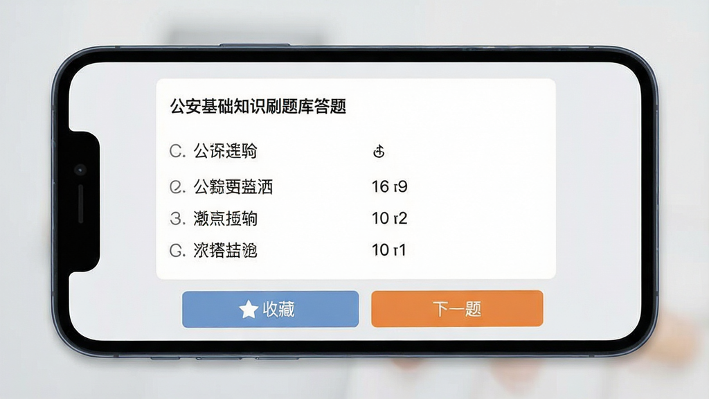手机屏幕展示公安基础知识刷题库答题界面,中间一道选择题,选项清晰,下方有收藏和下一题按钮,背景为浅灰色,简洁实用风格,画质清晰,干净无多余元素