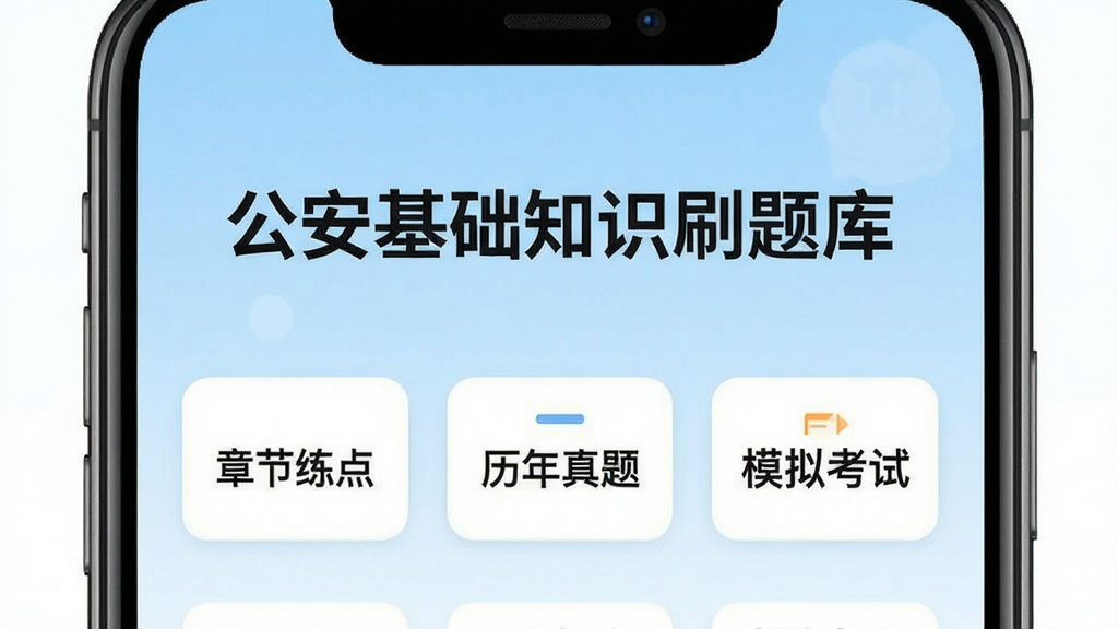 手机屏幕中央展示公安基础知识刷题库应用界面,上方标题文字