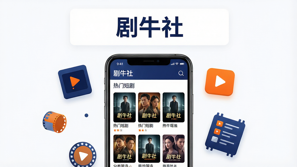 画面中央放置一部智能手机,屏幕中显示短剧视频播放界面,界面中包含“剧牛社”应用名称与短剧封面缩略图网格,手机周围环绕悬浮的电影胶片、播放按钮、剧集列表图标等元素。整体采用竖版构图,上方留白放置标题区域,下方为手机主体展示。风格为现代扁平化科技风,色调以深蓝与亮橙为主,背景干净无杂乱元素。画面中文字清晰可辨,包括“剧牛社”“热门短剧”“分类筛选”等字样。画质为高清4K,干净整洁,无多余装饰。