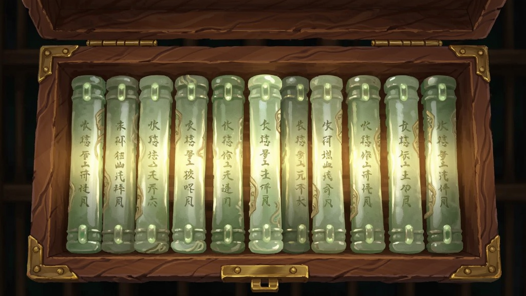 画面主体为一个打开的木制书匣,书匣内整齐排列着多枚发光的玉简,玉简上隐约可见文字,布局为书匣居中俯视角度,风格为古风奇幻道具插画,细节包括木纹质感与玉简的温润光泽,画质清晰精致,无多余元素。