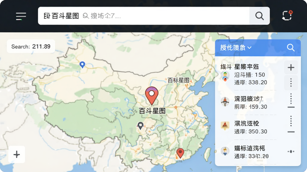 展示百斗星图快速定位与坐标查询功能的图片,主体为搜索框与地图定位标记,布局为搜索框位于顶部、地图居中,排版简洁,风格为扁平化设计风,细节包括经纬度数字、定位图标与搜索结果列表,画质高清,干净无多余元素