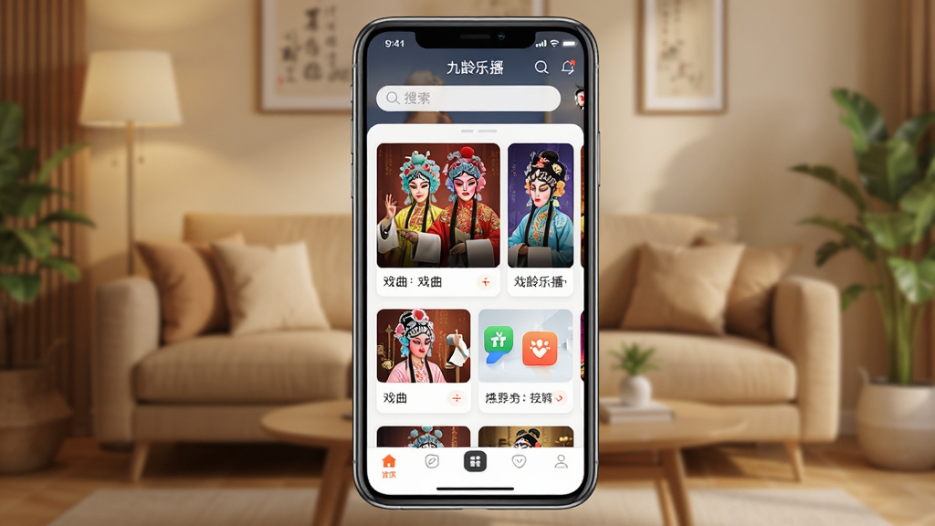 一张展示九龄乐播软件主界面的图片,画面中央是手机屏幕,屏幕内显示九龄乐播应用首页,顶部有搜索栏,中部有戏曲分类推荐卡片,底部有导航栏,背景为暖色调客厅场景,风格写实清新,细节包括戏曲人物海报缩略图和应用图标,画质高清干净无多余元素