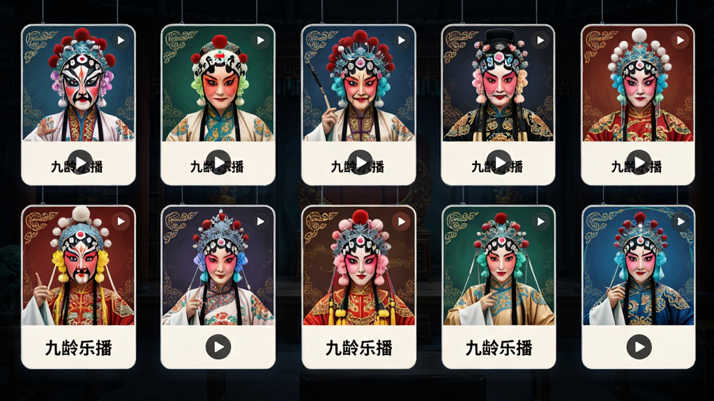 一幅展示九龄乐播戏曲资源库的AI生图,画面主体是悬浮在空中的多个戏曲角色卡片,每张卡片上有不同剧种的戏曲人物形象,卡片下方有