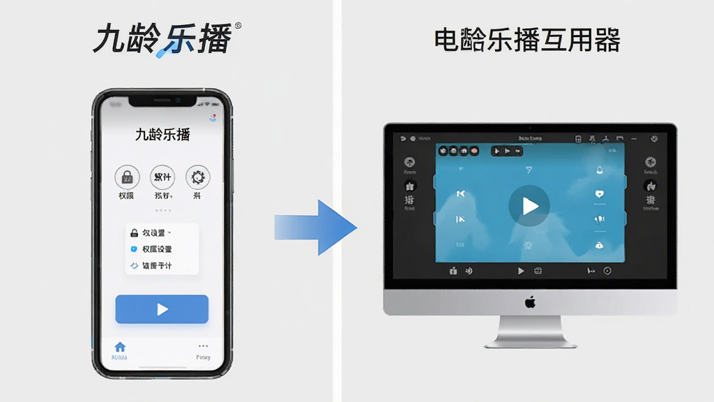 一张展示九龄乐播使用技巧的示意图,画面分为左右两部分,左侧是手机端操作界面,右侧是电脑模拟器界面,中间有箭头连接表示数据互通,背景为浅灰色,风格为信息图设计,细节包括