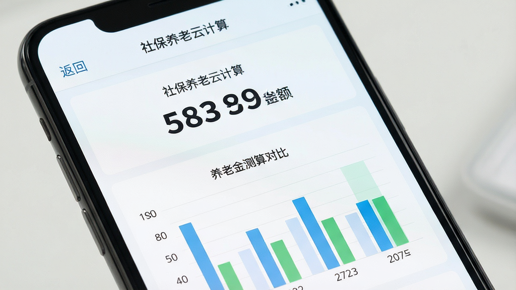 一张展示社保养老云计算养老金测算结果页面的图片,主体为手机屏幕特写,屏幕内显示测算结果数字和图表,布局为上下结构,上方是结果金额,下方是柱状图对比,风格为清新浅色系,细节包括软件名称“社保养老云计算”和返回按钮,画质高清,干净,无多余元素