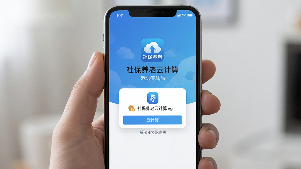 一张展示社保养老云计算在手机上安装完成后首次打开界面的图片,主体为手持手机的特写,屏幕内显示软件欢迎页和权限请求弹窗,布局为居中构图,风格为现代简约风,细节包括软件图标和“社保养老云计算”文字,画质高清,干净,无多余元素