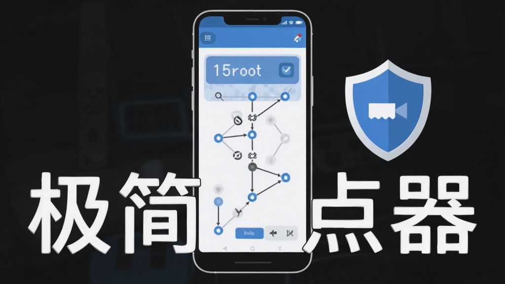 极简连点器免ROOT使用示意图,手机屏幕展示软件界面,旁边有盾牌图标表示安全无风险,画面中有“极简连点器”文字标识,主体突出,布局居中,风格扁平化,色调以蓝色和白色为主,细节清晰,画质干净,无多余元素