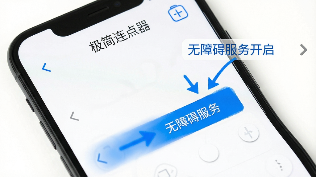 极简连点器新手设置引导截图,手机屏幕显示无障碍服务开启步骤,画面中有“极简连点器”名称和箭头指示,布局清晰,风格简洁,蓝色高亮关键步骤,背景白色,画质干净,无多余装饰