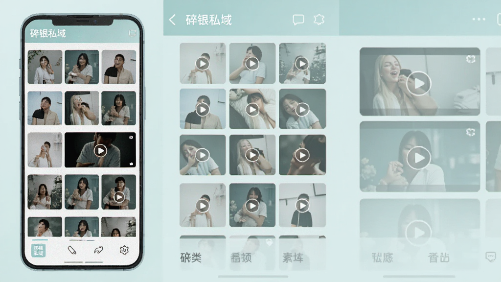 一张展示碎银私域素材库功能的手机界面图,画面中手机屏幕显示网格状素材缩略图,包括图片和视频封面,底部有分类标签栏,整体色调为淡雅的蓝绿色,背景干净整洁,画质清晰,图片中文字为“碎银私域”