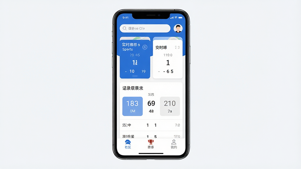 一张展示百分球App主界面的手机应用截图,画面中央是一个手机屏幕,屏幕内显示百分球App的首页,顶部有搜索栏和用户头像,中间是实时体育赛事比分卡片和比分记录工具界面,底部导航栏有社区、赛事、我的等图标,界面以蓝白配色为主,风格简洁现代,干净清爽,画质高清,无多余元素。