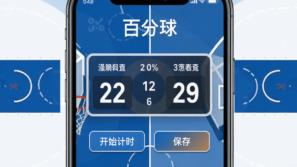 一个手机屏幕显示百分球App的比分记录界面,屏幕中间有百分计分器面板,显示两支队伍名称和实时比分数字,下方有开始计时和保存按钮,背景是篮球场线条的抽象图案,蓝白色调,界面干净,画质清晰,无多余元素,图片中打上文字“百分球”。