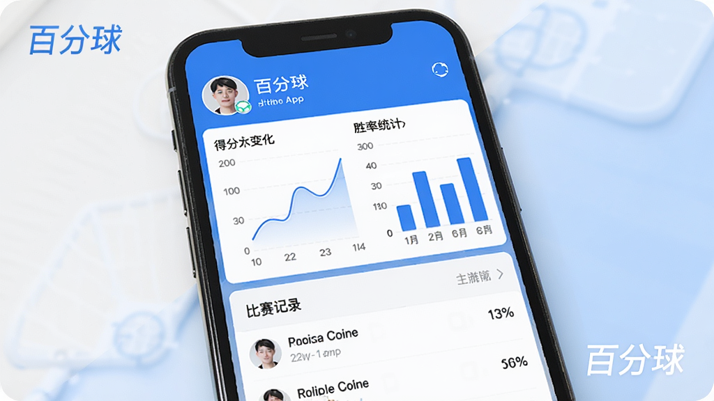 一个手机屏幕显示百分球App的个人数据页面,屏幕内有折线图和柱状图展示得分变化和胜率统计,顶部有用户头像和昵称,下方有比赛记录列表,背景简洁,蓝白色调,画质高清,无多余元素,图片中打上文字“百分球”。