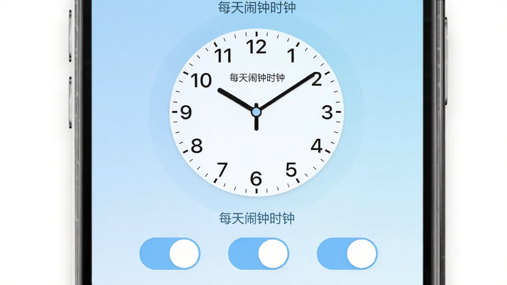 每天闹钟时钟软件主界面截图,画面中央展示一个圆形时钟表盘,下方排列着三个闹钟开关按钮,背景为淡蓝色渐变,手机屏幕边框清晰可见,界面文字使用中文标注