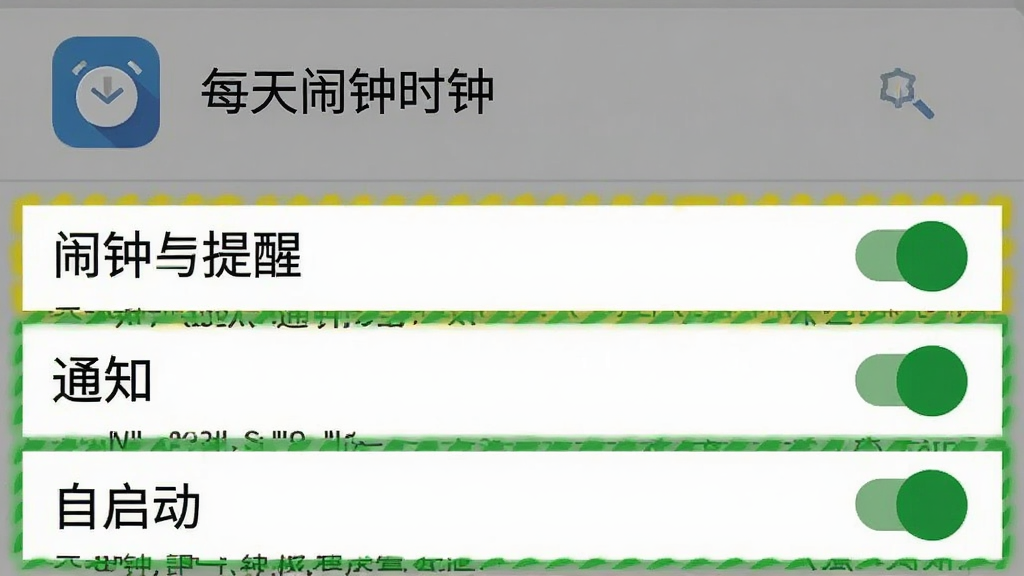 每天闹钟时钟权限设置指引图,手机屏幕显示安卓系统应用权限管理界面,列表中