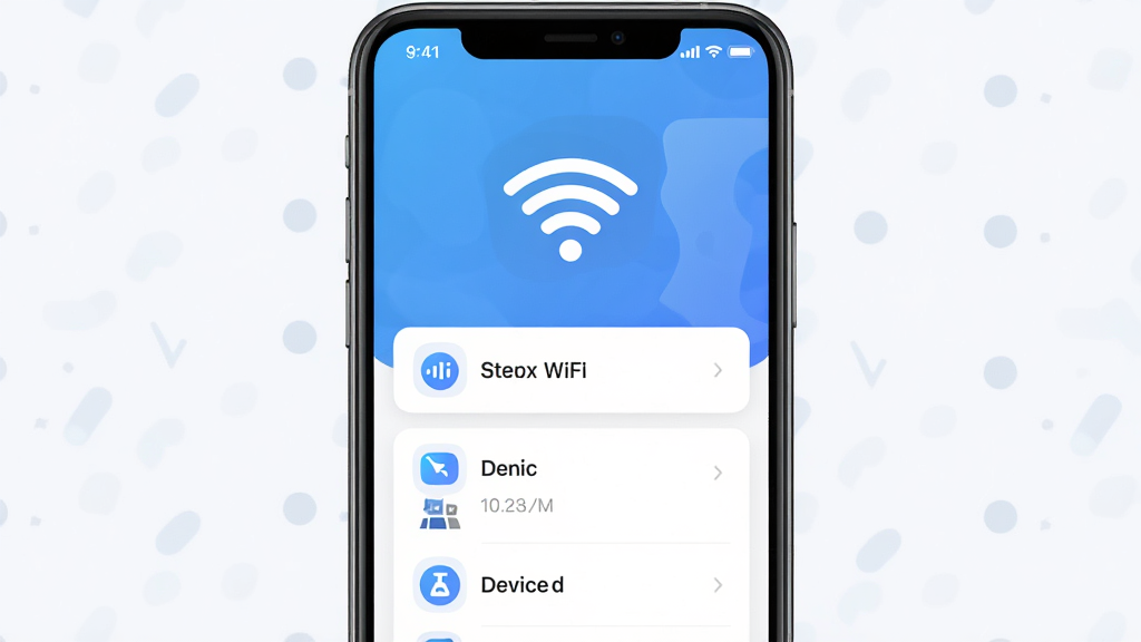 一张展示水星WiFi软件界面的手机模型图,主体为居中放置的智能手机,屏幕显示WiFi信号强度图标与设备列表,布局简洁清晰,排版采用上下结构上方为状态栏下方为功能卡片,风格为现代科技扁平化设计,细节包含蓝色渐变背景、白色卡片、圆角图标,画质高清干净无多余元素