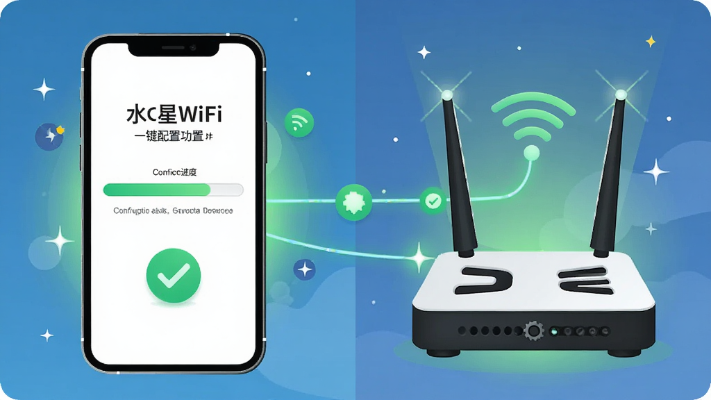 一张展示水星WiFi一键配置功能的场景图,主体为手机屏幕显示配置进度条与路由器图标,布局为居中构图,排版采用左右分栏左侧手机右侧路由器,风格为简洁明快的插画风,细节包含绿色对勾、连接线条、光效点缀,画质清晰干净无多余元素