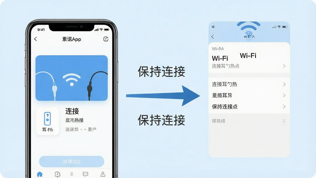 一张素诺App使用教程的示意图,画面中一部手机显示素诺App的连接界面,旁边有箭头指向手机Wi-Fi设置界面,示意连接耳勺热点。画面中有简单的文字标注