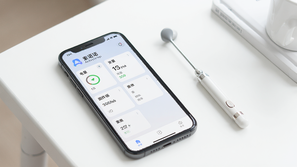 一幅素诺App设备管理界面的展示图,手机屏幕显示设备电量、连接状态、固件版本等信息卡片,界面设计简洁直观。手机放置在白色桌面上,旁边有素诺耳勺硬件,背景干净,光线明亮,风格为UI设计展示,画质清晰,排版整洁,干净无多余元素