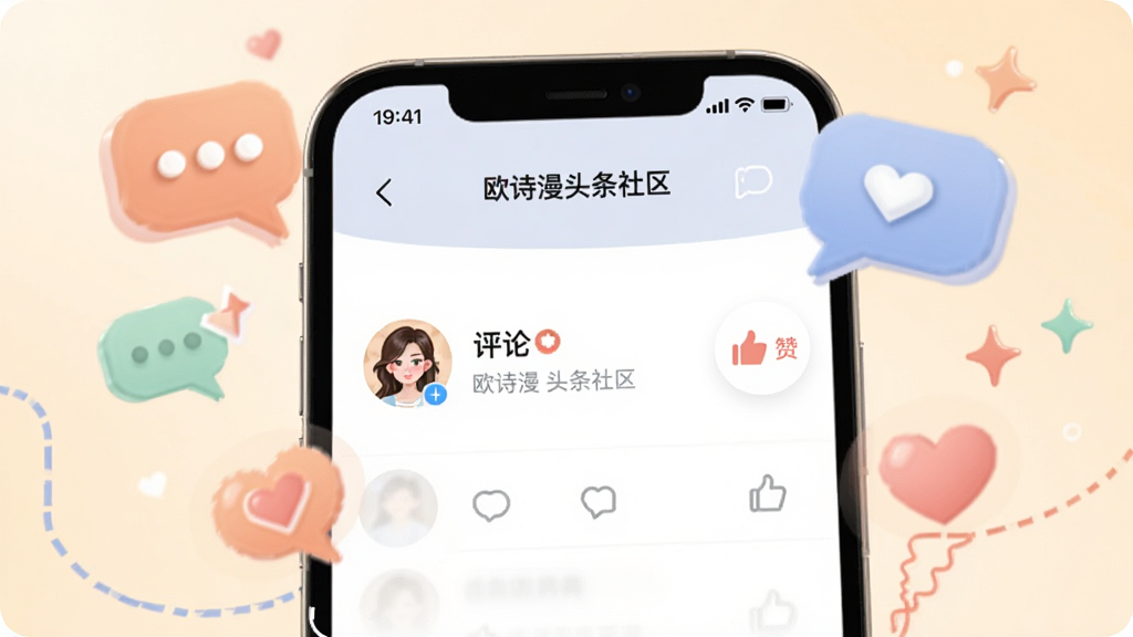 手机屏幕呈现欧诗漫头条社区界面,显示用户头像、评论和点赞图标,周围有抽象的对话气泡和爱心符号,风格温馨活泼,色彩柔和,画质清晰,干净无多余元素