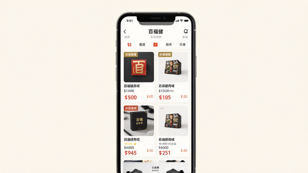�ٸ����̳�ҳ��չʾͼ����������Ϊһ���ֻ���ʾ�ٸ���APP�̳ǽ��棬��Ʒ��Ƭ�������У�����Ϊ��͵��װ�ɫ���Ű�ɾ����򣬷���Լ����ϸ������ƷͼƬ�������۸��ǩ��Ŀ�����ʸ��壬�ɾ����޶���Ԫ��